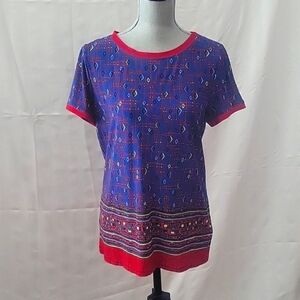 Anne Klein Woman's Blue & Red Diamond Print Back Button Down Blouse, Size: M